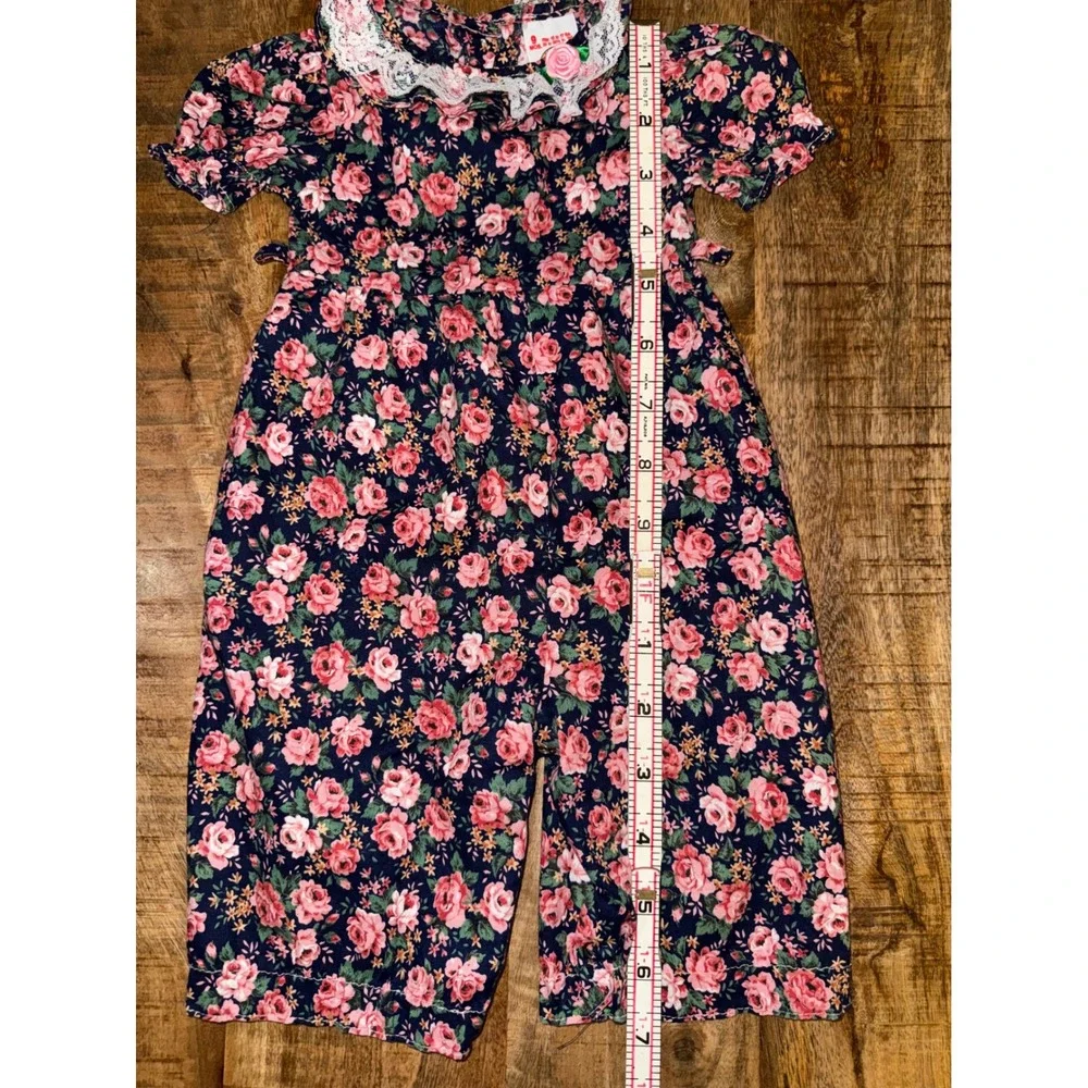 Vintage Winnie The Pooh Baby Girls Floral Romper Navy Pink Lace Collar 9 Months